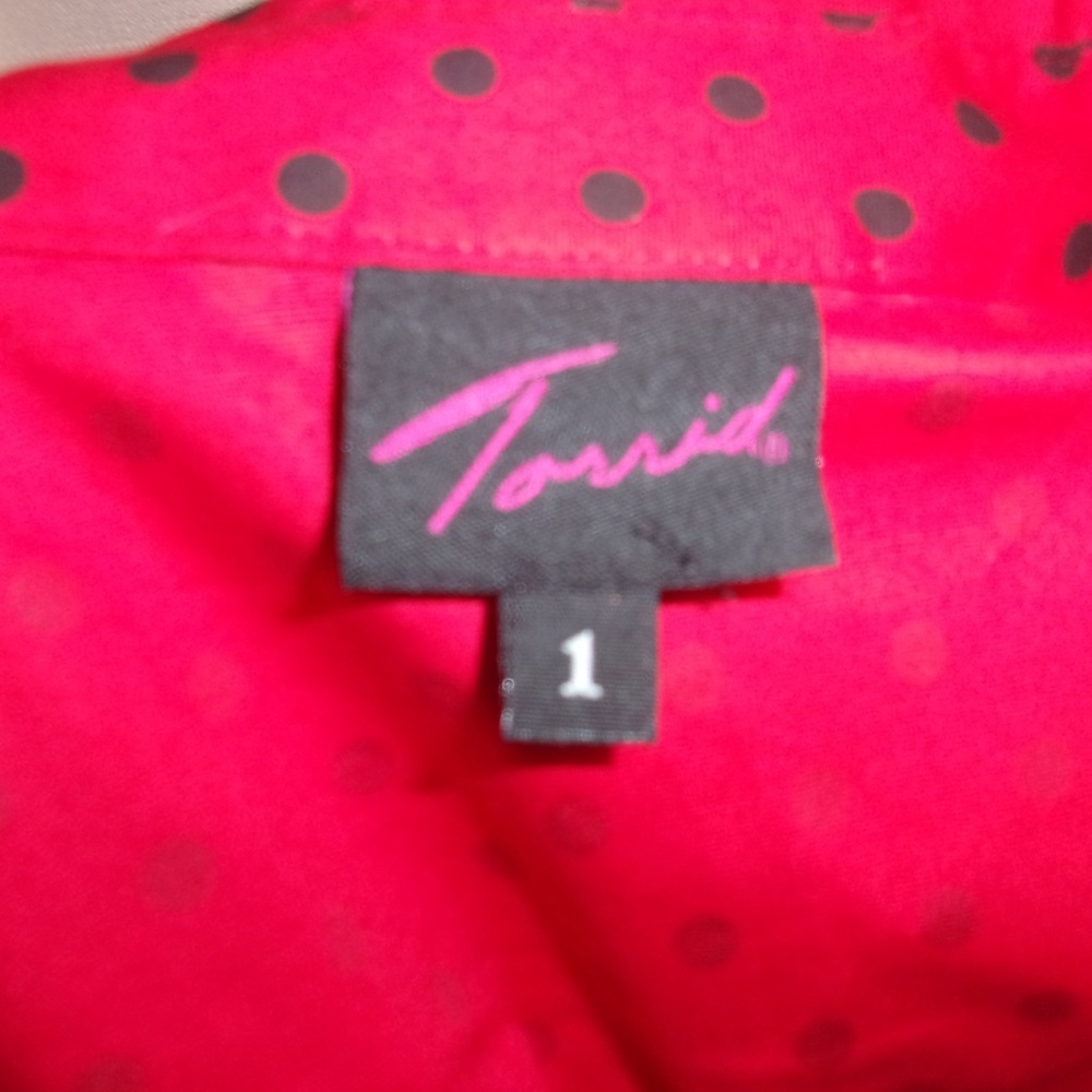 Red and Black Polka Dot Short Sleeve Button Down Blouse - Picture 7 of 8